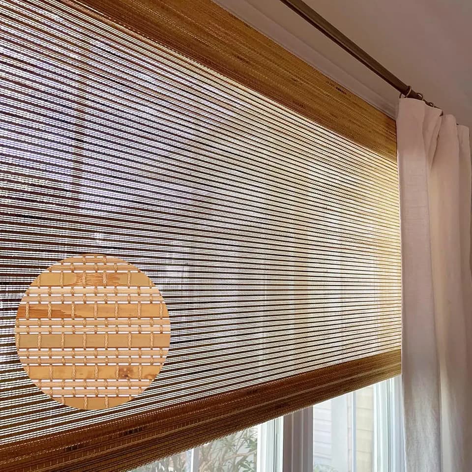 LETAU Cordless Wood Window Shades Blinds, Bamboo Window Shades with Valance, Almond Brown, 33" W x 64" L