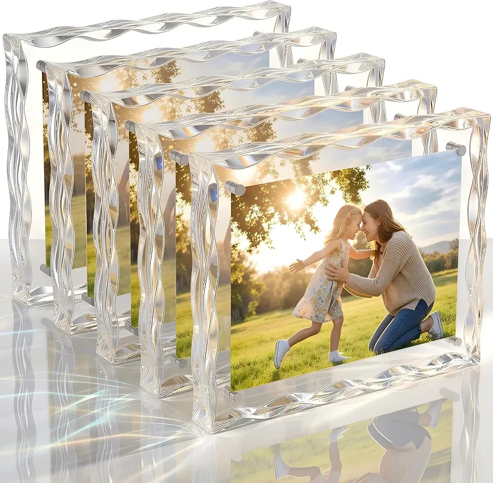 5x7 Acrylic Picture Frame, 5 Pack Magnetic Double-Sided Photo Frame, 24mm Thick Crystal Clear Block with Water Ripple Edges, Freestanding Tabletop Display