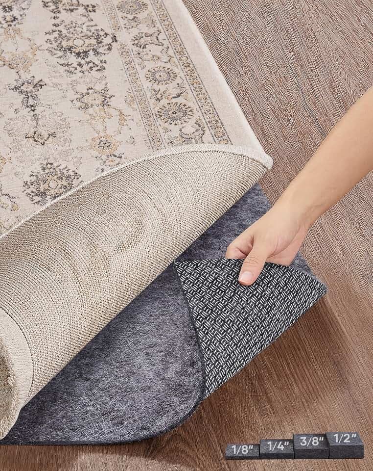 Veken Non Slip Cushioned Rug Pad Gripper, 3 x 5 Ft, 1/8 inch Thick Felt Carpet Liner Protector Mat for Area Rugs and Hardwood Floors, with Over 99 Pcs Anti-Slip Strips Pattern, Grey