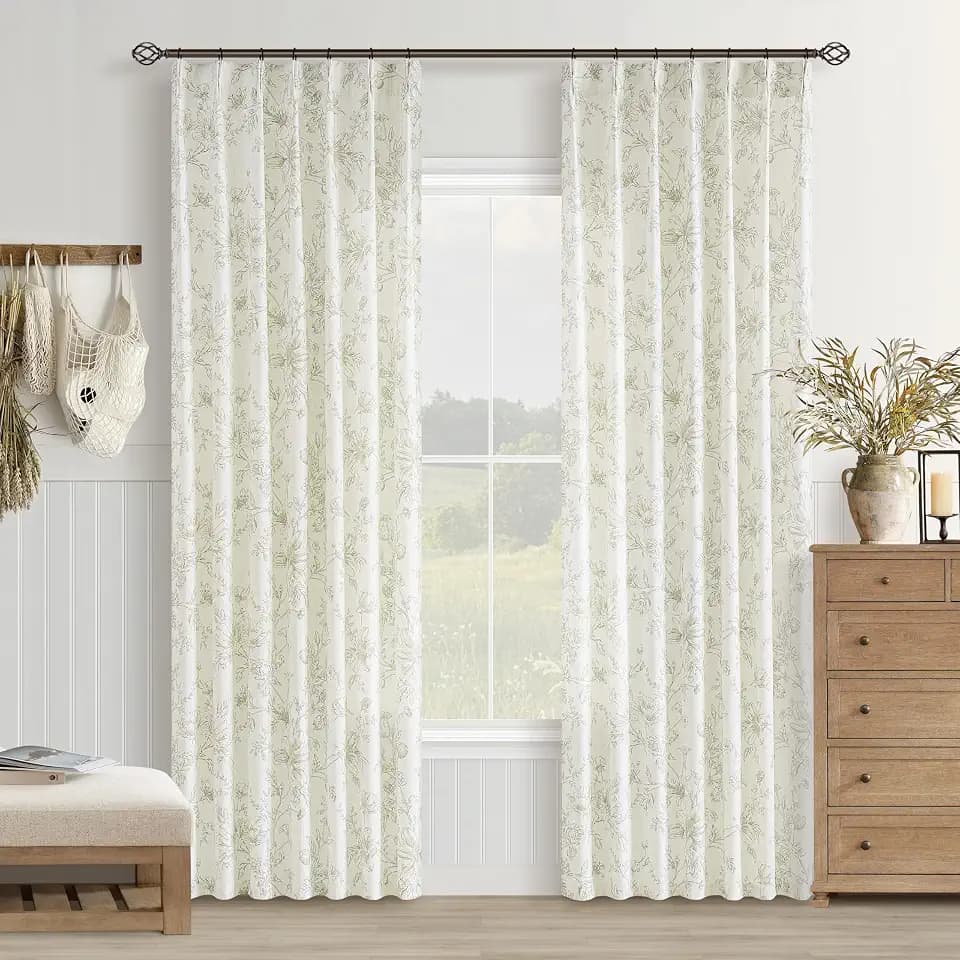 BILEEHOME Sage Green Floral Pinch Pleated Linen Curtains 84 Inches Long