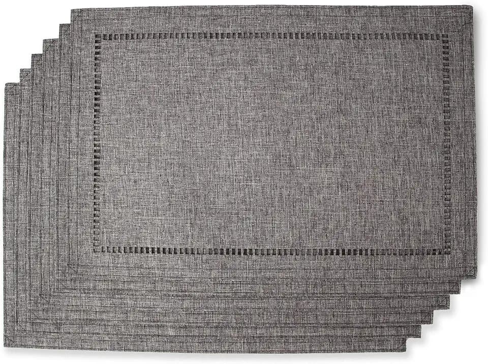 Tosewever Set of 6 Decorative Linen Placemats 12 x 18 Inches, Farmhouse Style Table Mats for Everyday Dining Wedding Party Holiday Home Decor (6 Pieces 12 x 18”, Grey/Straight)