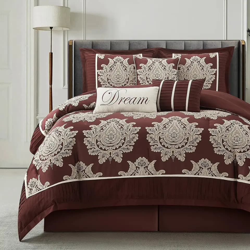 LANCO MODERN LIFESTYLE Burgundy California King Comforter Set 7 Pieces, Jacquard Woven with Damask, Bedding Set in a Bag Includes Comforter, Bed Skirt, Pillow Shams, and Decorative Pillows