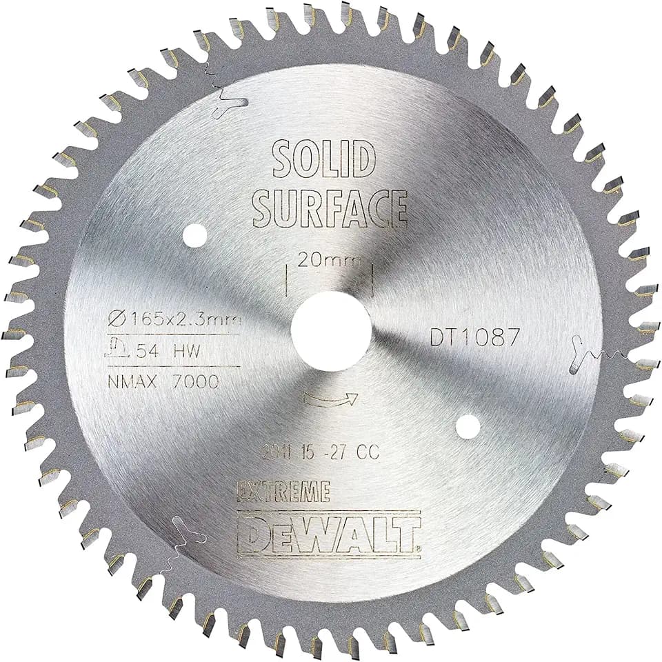 DEWALT Extreme Kreissägeblatt DT1087 (für Tauchkreissägen, Sägeblatt-ø 165/20 mm, Schnittbreite: 2,3 mm, 54 Zähne, Zahngeometrie: Trapez-Flachzahn, Zahnwinkel: 0°, für extra feine Schnitte) 1 Stück
