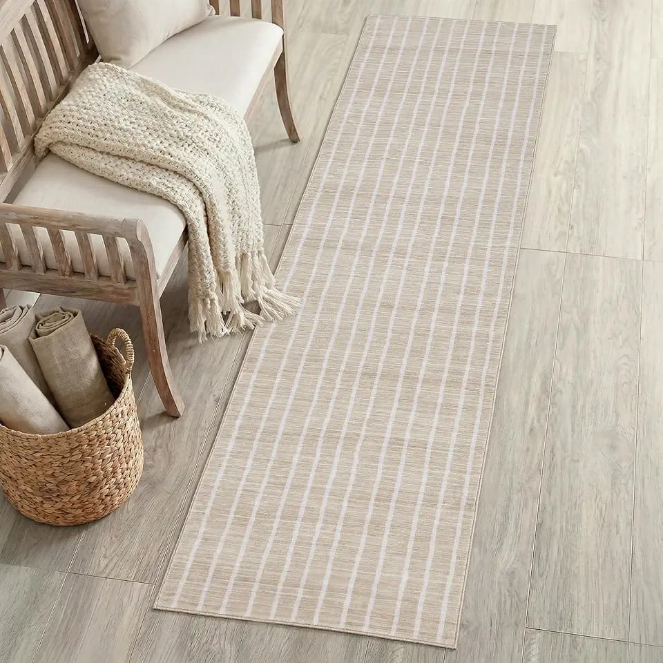 JONATHAN Y Washable Orton Distressed Ticking Stripe 2' x 8' Machine-Washable Polyester Runner Rug, Beige and Cream, Farmhouse Vintage Style with Low Pile for Hallway WSH519F-28