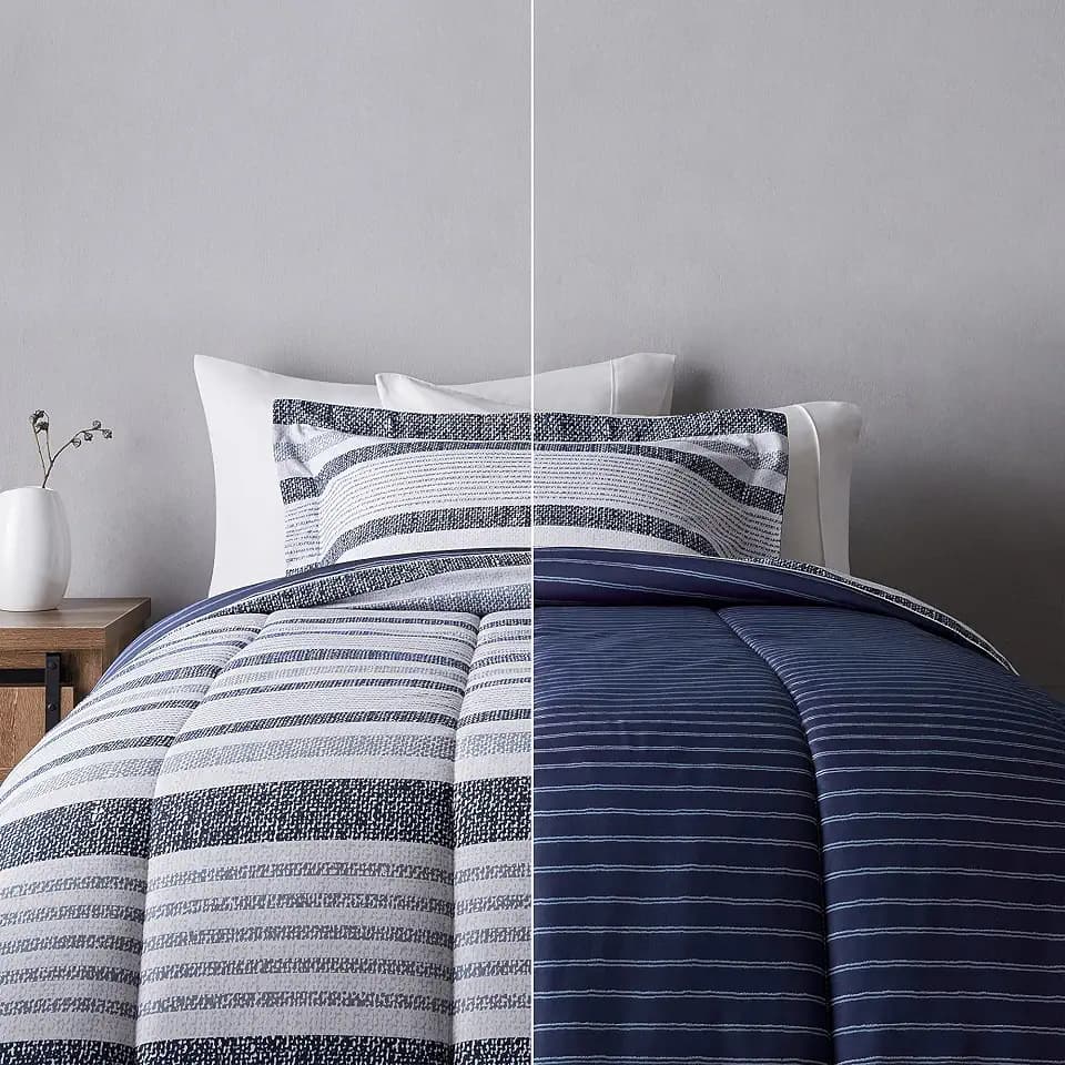 Amazon Basics Twin/Twin XL Size Ultra-Soft Lightweight Microfiber Reversible 2-Piece Bedding Comforter Set, Blue Denim/Beige Stripes