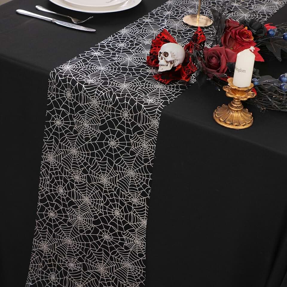 Snowkingdom 2PCS Halloween Table Runner White Silver Spider Web 108"