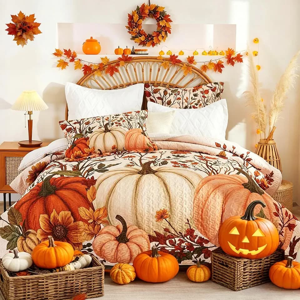 EVENHUG Fall Quilt King Size Thanksgiving Bedding Sets with Pillow Shams Lightweight Floral Pumpkin Bedspread Coverlet Soft Bed Cover for Festival Home Decorations 3 Pieces (104"x90")