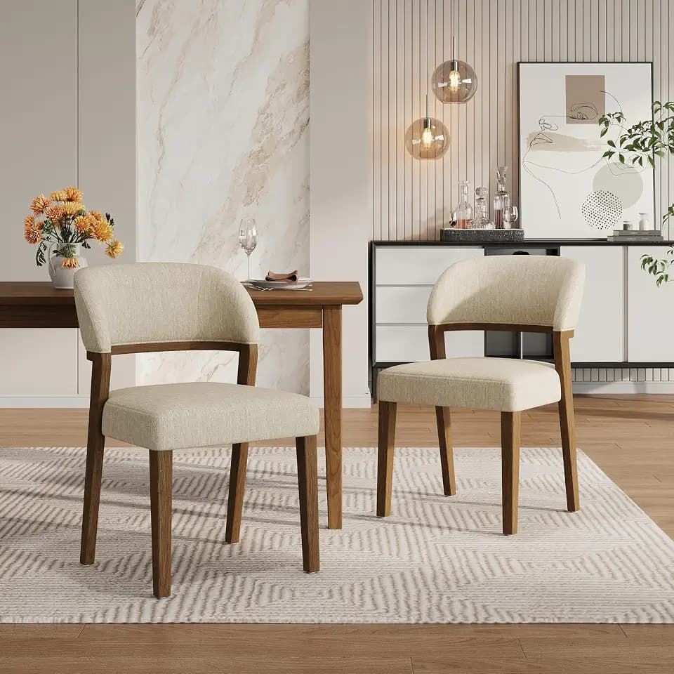Christopher Knight Home Hanie Modern Upholstered Dining Chair Set of 2, Curved Backrest Kitchen Side Chair, Wooden Armless Dining Room Chair, Extra Seat for Living Room, Walnut+Beige