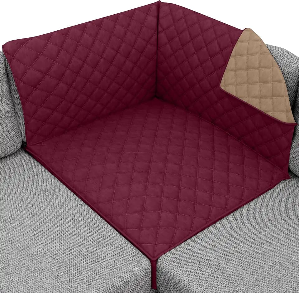 Sofa Shield® Couch Sectional Corner Slip Cover with Strap, Burgundy Tan