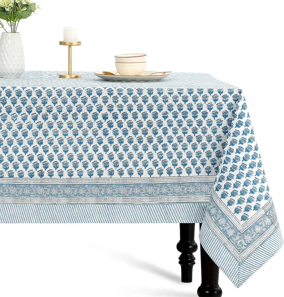 CPC Apatite Blue Block Print 100% Cotton Square Tablecloth 60x60 Inch