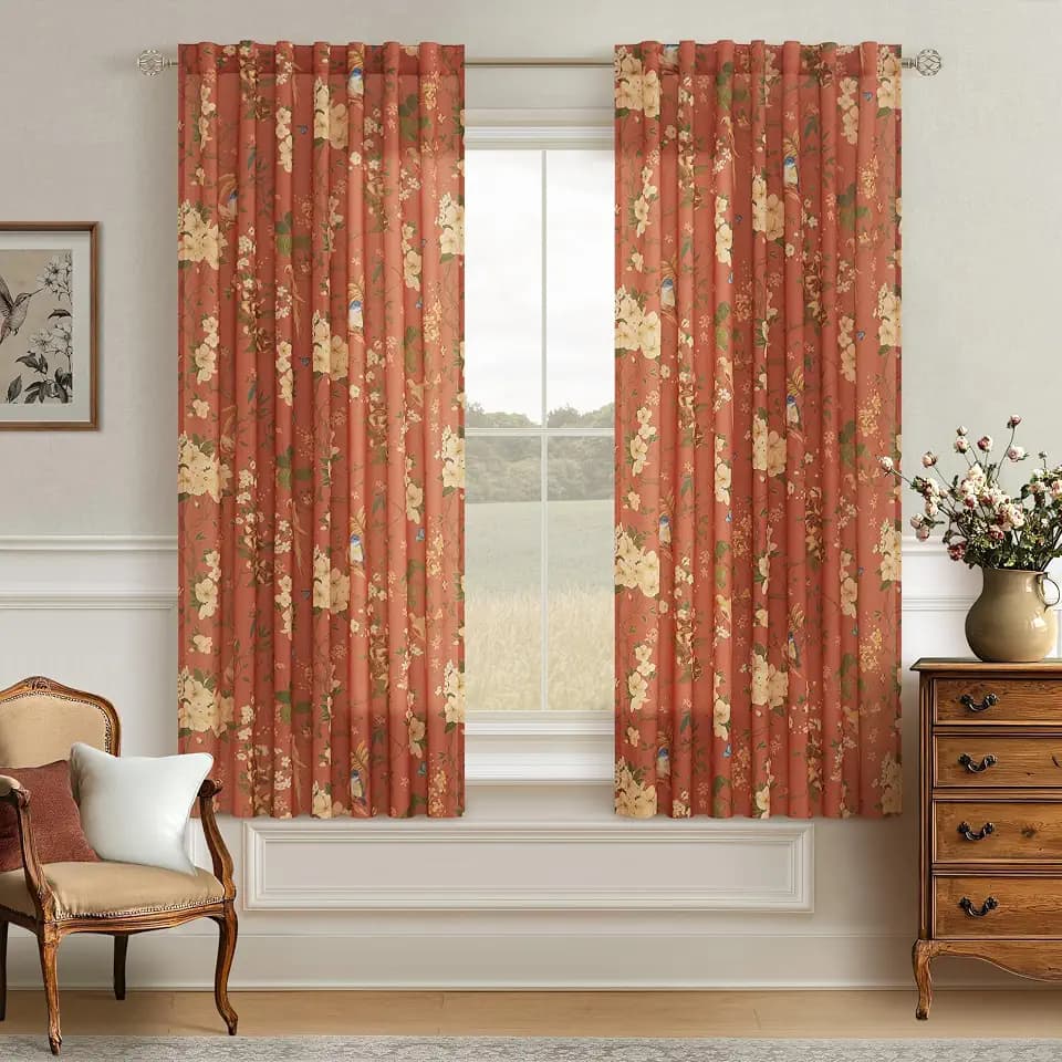 Floral Bird Curtains 63 Inch 2 Panels Back Tab for Living Room Terracotta