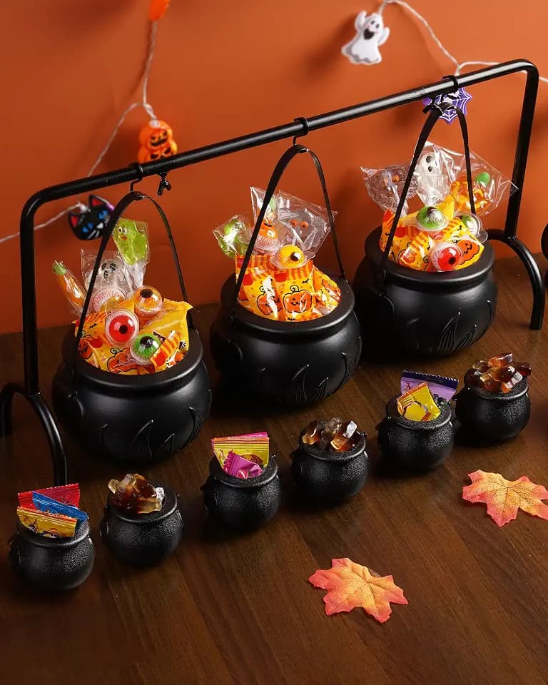 Subtoy Halloween Cauldron Serving Set, 9 Pcs Hanging Cauldrons for Food Holder, Plastic Serving Cauldron on Rack, for Candy, Dips, Snack Station, 3 Large & 1 Mini Cauldrons & 1 Rack