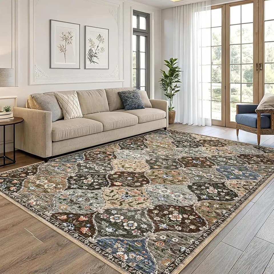 ROYHOME Area Rug - 5x7 Trellis Floral Non-Slip Machine Washable Rug