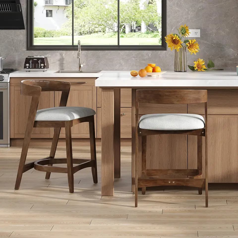 Christopher Knight Home Elsie Upholstered Counter Height Bar Stools Set of 2, Fabric Round Bar Stool for Kitchen Island, Counter Stool with Footrest, Wooden Dining Chair with Curved Backrest, Walnut