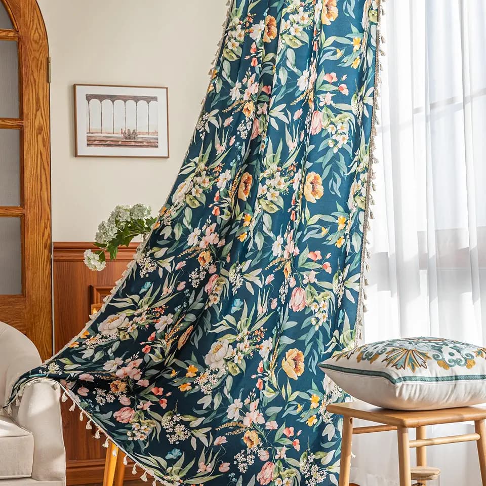 Boho Floral Curtains French Country Farmhouse Curtains 54 Inches Long Light Filtering Window Rod Pocket Drapes for Living Room 2 Panels-Navy Blue Floral