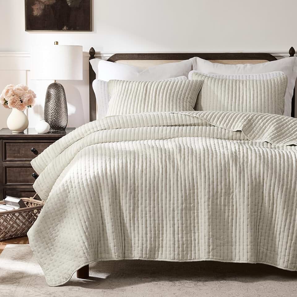 WDCOZY Beige Cross Stitch King Size Quilt Set, Netural Striped Lightweight Soft Bedspread, Channel Farmhouse Rustic Coverlet, All Season Country Bedding, Thin Comforter