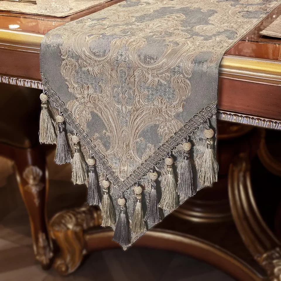 Loom and Mill Luxury Jacquard Damask Table Runner 108 Inches Long, Gray