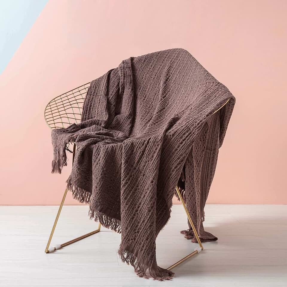 Simple&Opulence 100% Cotton Throw Blanket for Couch, Bed, Waffle Weave Cable Knit Blanket with Tassels, Soft Lightweight Pre-Washed Breathable Cozy Blanket Farmhouse Decoration for All-Season (Brown)