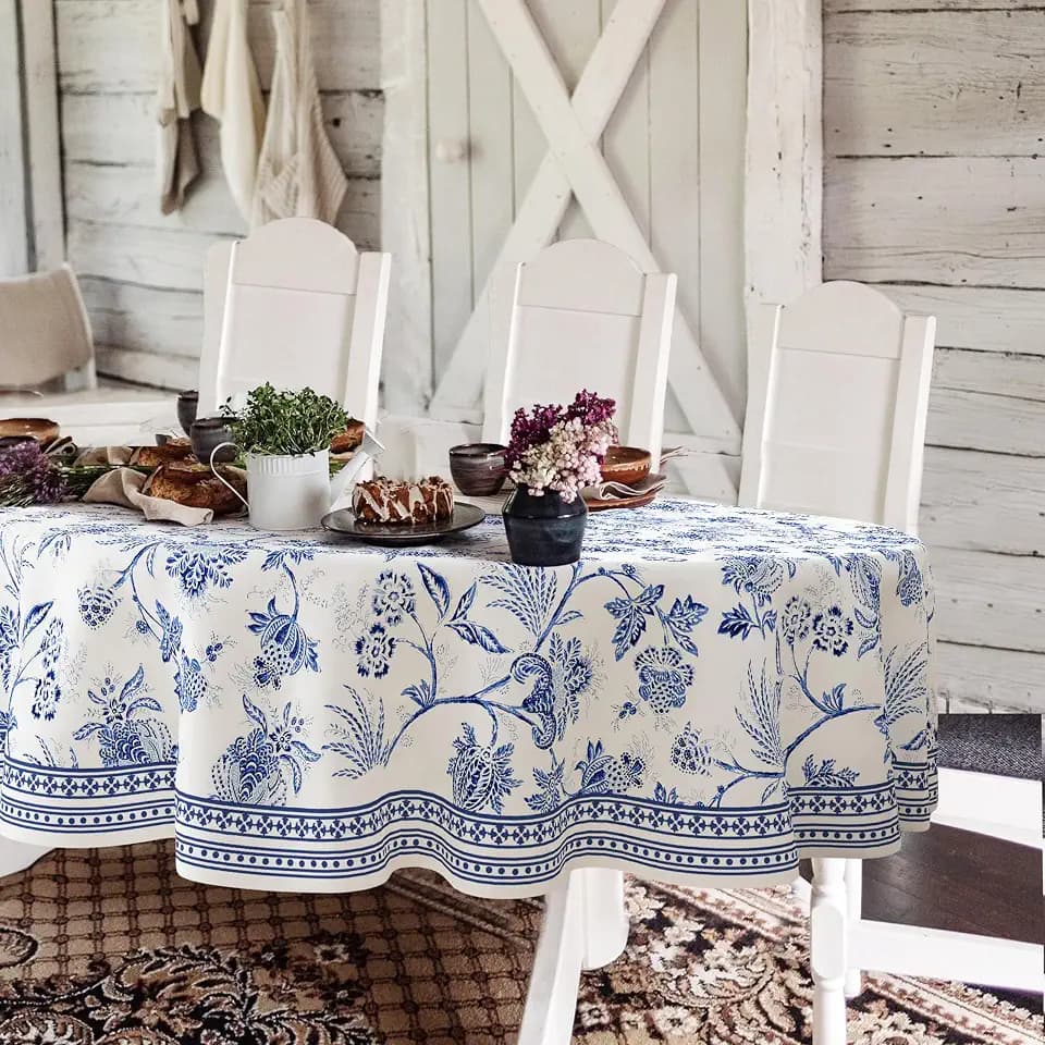 Blue Floral Oval Tablecloth 60x84 Inch, Blue and White French Country Tablecloth, Rustic Floral Polyester Waterproof Tablecloth for Farmhouse Kitchen Decor/Indoor and Outdoor Tables/Parties/Picnics