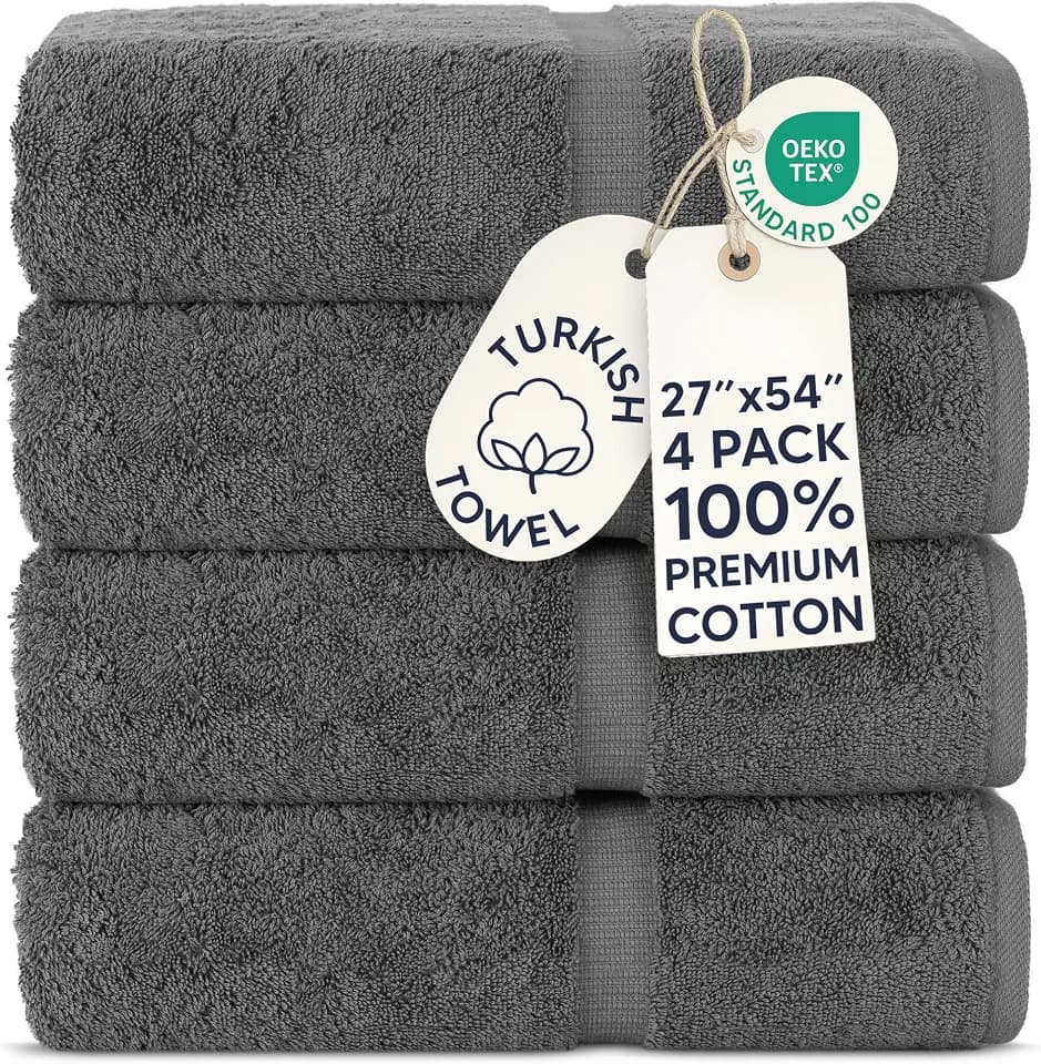 Chakir Turkish Linens 100% Cotton 4-Pack Bath Towels 27x54, Dark Gray