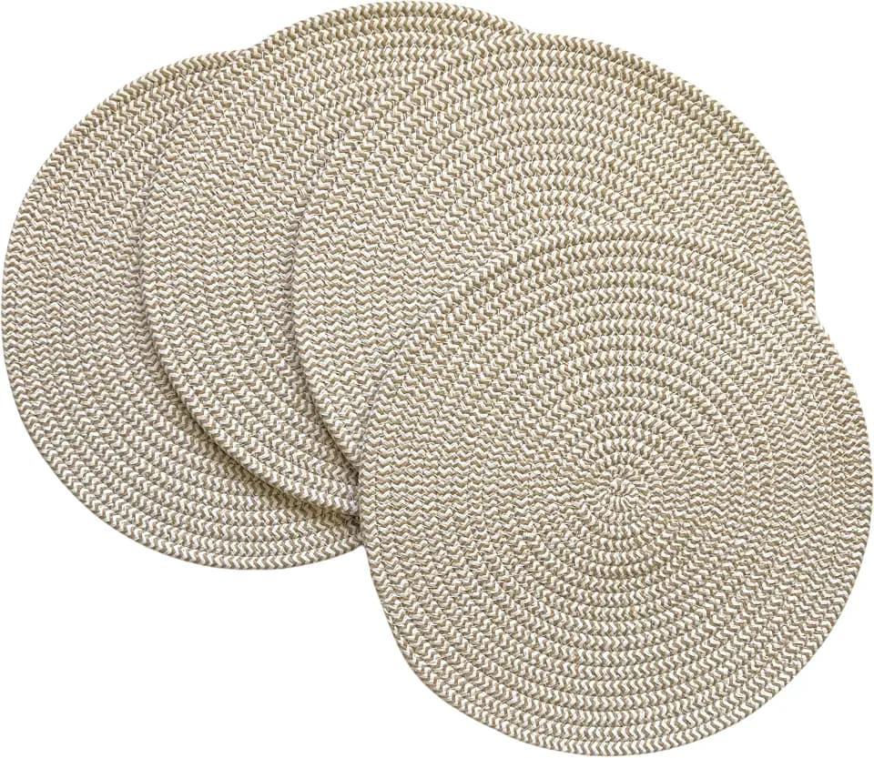 WAZAIGUR Round Placemats Set of 4 Thick Cotton Rope, 13inch, Khaki & White