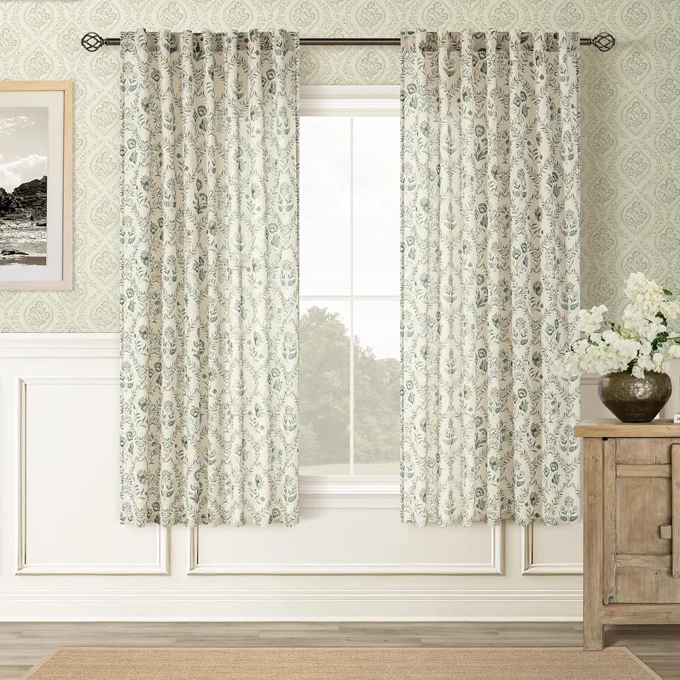 Printed Linen Curtains 63 Inch Length 2 Panels Set Patterned Sage Green