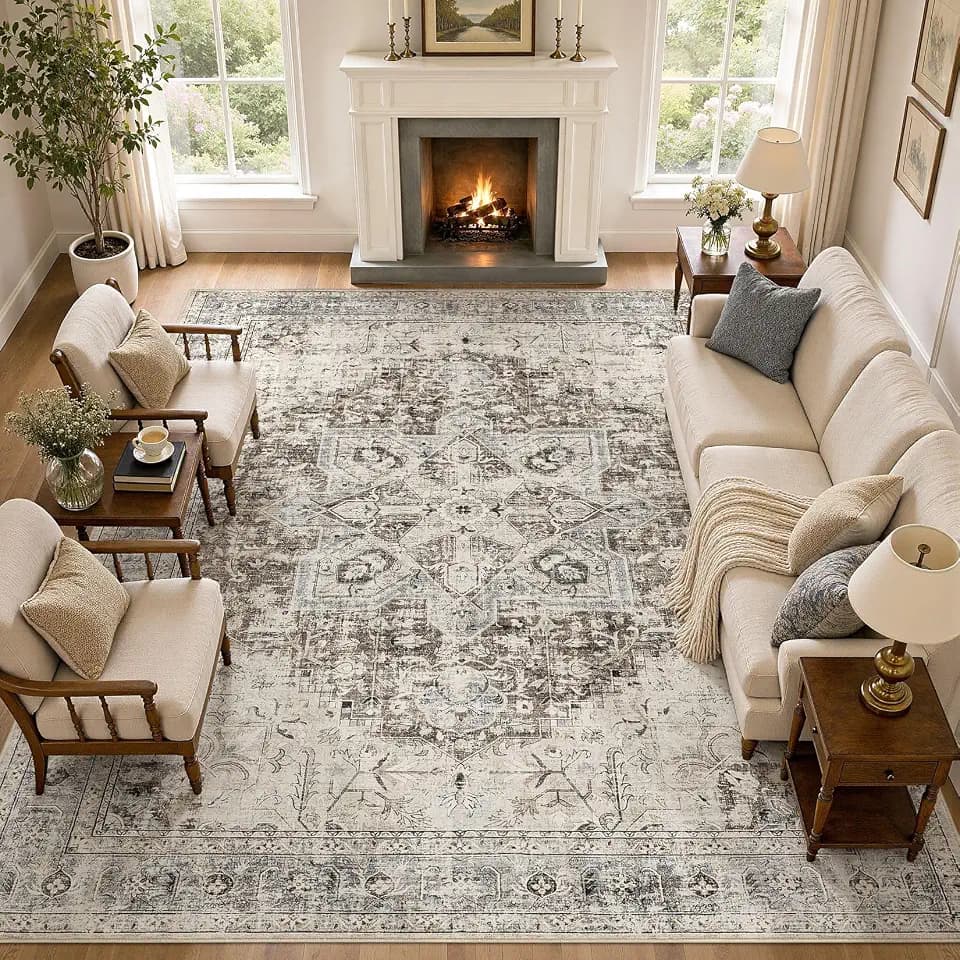 Tortania Area Rug Living Room Rugs - 10x12 Washable Boho Rug Vintage Oriental Distressed Farmhouse Large Thin Indoor Carpet for Living Room Bedroom Under Dining Table Home Office - Brown Blue