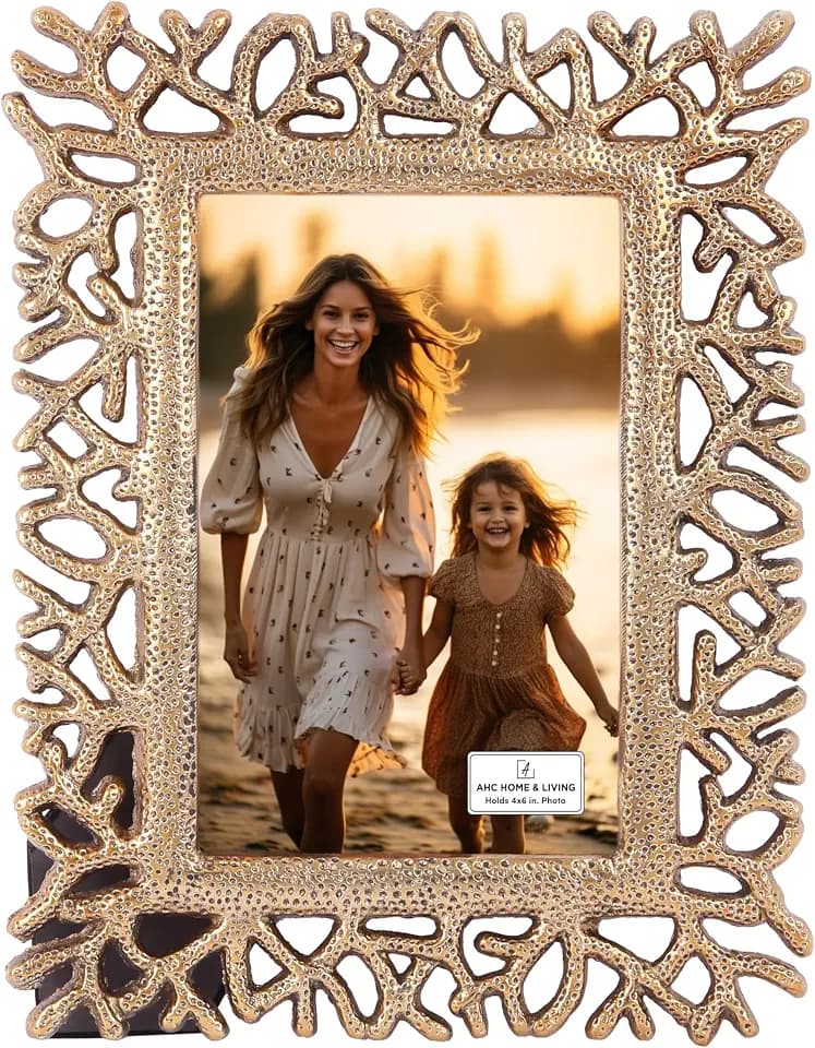4x6 Gold Antique Picture Frame - Coastal Coral Design Summer Beach Photo Frame, Decorative Display for Tabletop or Wall, Ideal for Family and Vacation Memories