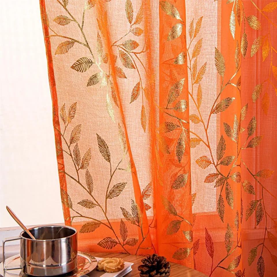 Deeprove Orange Sheer Curtains 90 inches Long 2 Panels for Bedroom Living Room Nursery, Abstract Metallic Gold Foil Vine Leaves Print Golden Shimmer Accent Window Treatments Pair Set, W52 x L90