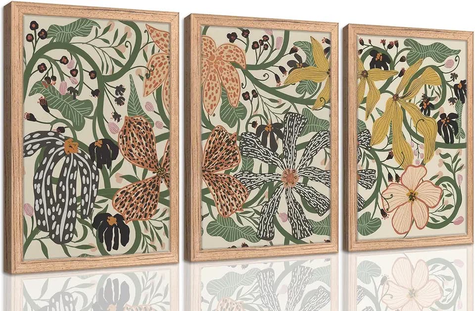 3Pcs Framed Floral Canvas Wall Art Boho Abstract Green Flower Painting Picture Wall Decor Mid-Century Botanical Flowers Poster Print Artwork for Dining Room Bedroom Home Decoration