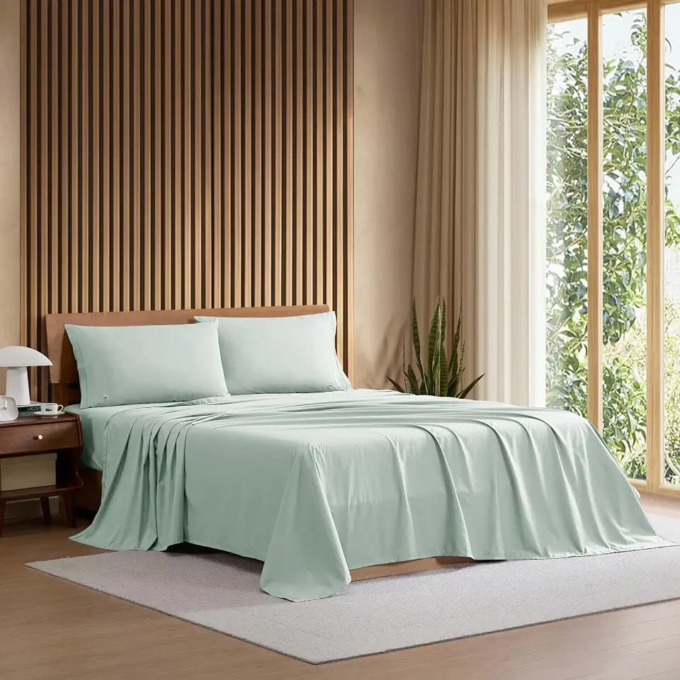 Lacoste 100% Cotton Percale 4-Piece Sheet Set, Pale Aqua, Full