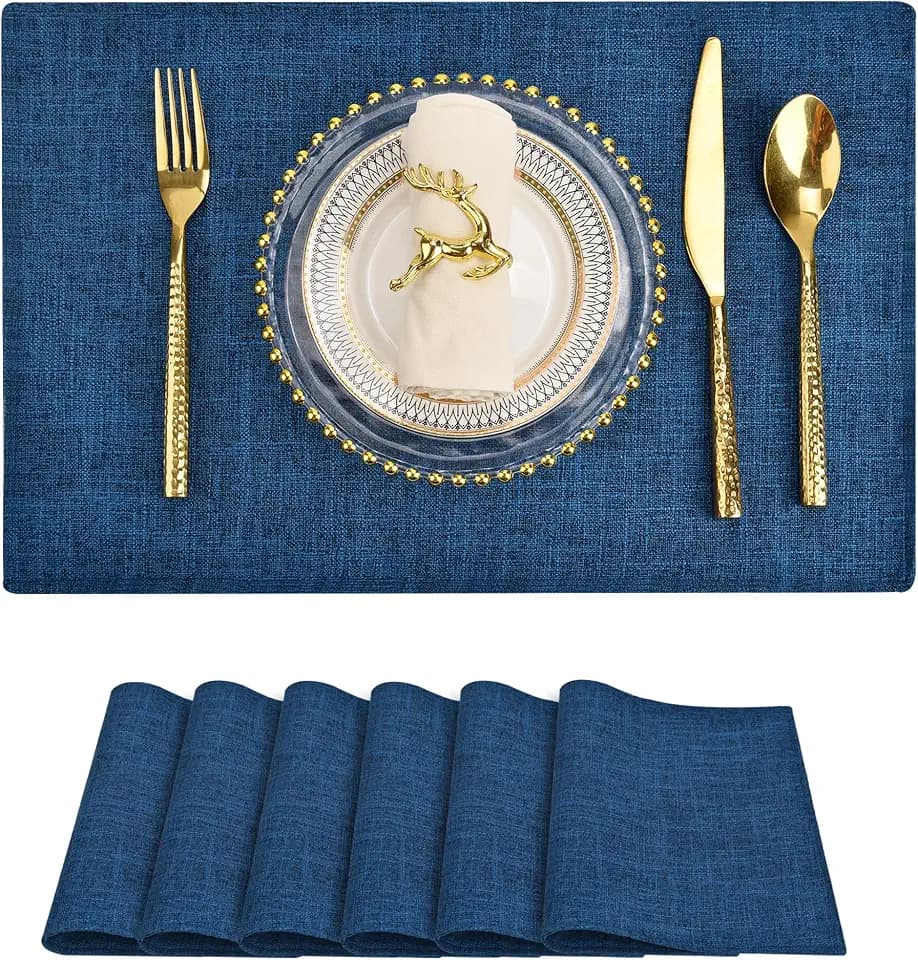 SLKQG Navy Linen Fabric Placemats Set of 6, Heat Resistant & Machine Washable Double-Layered Cloth Placemats for Dining Table, Indoor/Outdoor Use, Non-Slip Kitchen Table Mats (6, Navy)