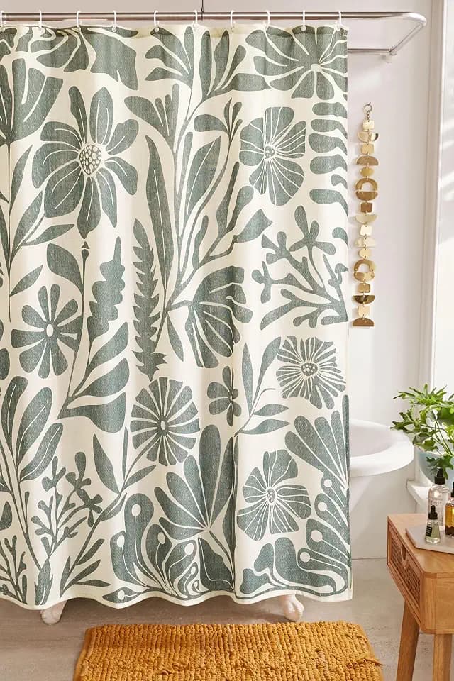 RoomTalks Vintage Floral Faux Linen Shower Curtain for Bathroom in Beige and Greenish - 210GSM Heavy Duty Modern Farmhouse Matisse Flowers Plants Botanical Shower Curtain Set Aesthetic Bathroom Decor