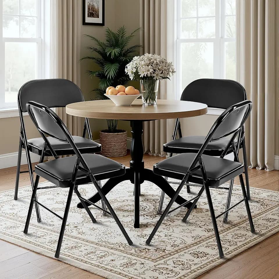 Simple Deluxe Dining Chairs Set of 4, Leather Cushion Foldable Modern Kitchen Side Chair with Padded Back& Metal Legs, Upholstered Dinner Seat Gift for Home/Living Room/Bedroom/Restaurant, Black