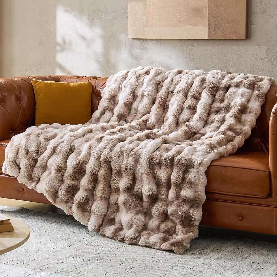 Fluffy Faux Fur Bubble Throw Blanket for Couch,Tie Dye Brown,50"x60"