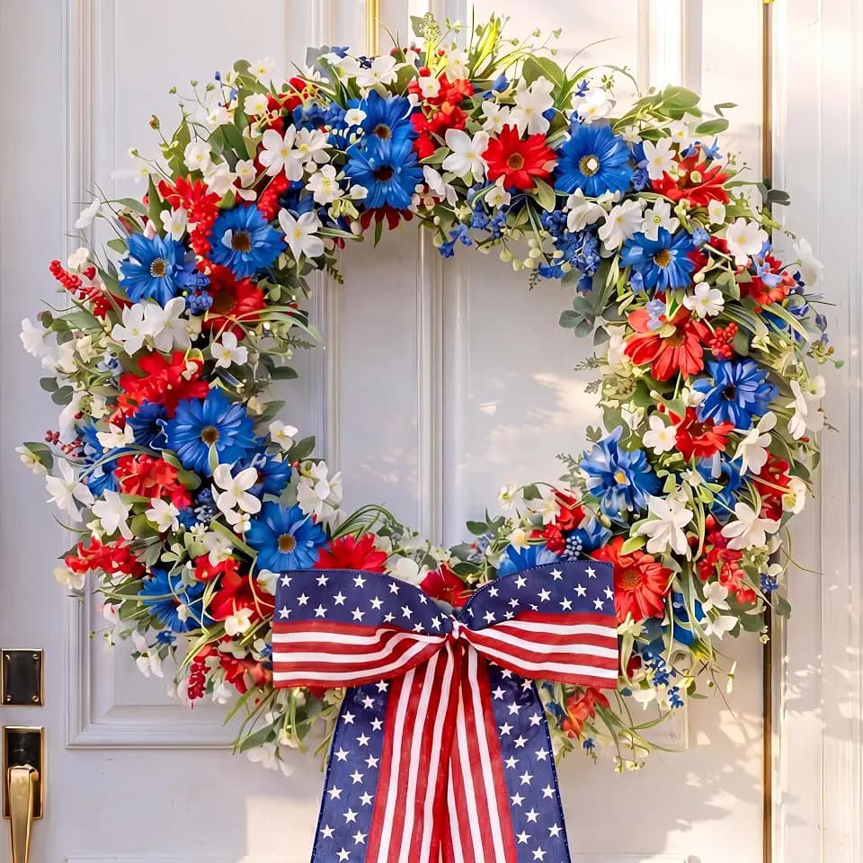 Suncalla Large Patriotic Wreaths with Bow 59" L 4th of July Red White Blue Flowers Outdoor for Front Door 250th Anniversary American Flag Large Bow Wreath for Independence Day Memorial Day Home Decor