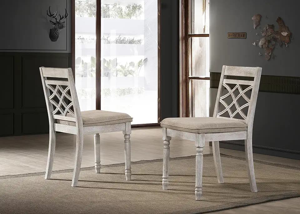 GDFStudio Set of 2 Contemporary Fabric Chairs, 19" Armless Upholstered Seating with Cushion, Off White Accent Dining Chairs with Distressed Wood Grain Finish for Living Room Kitchen