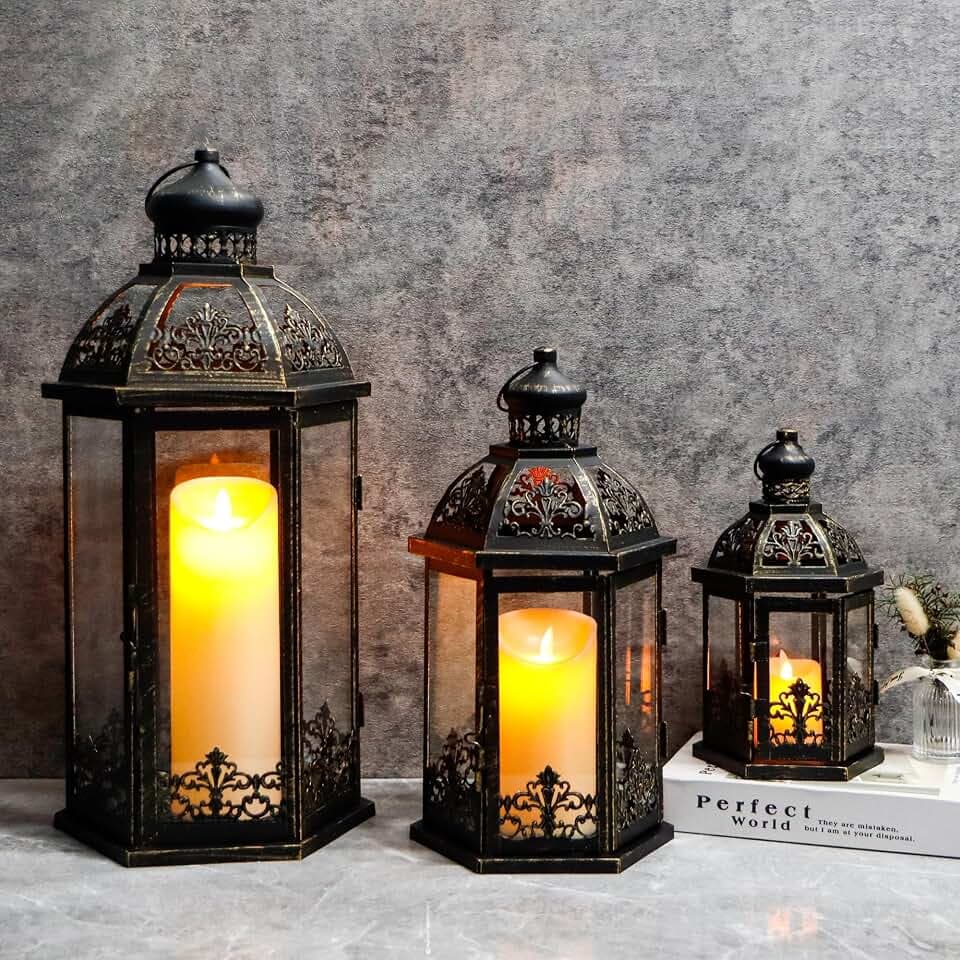 TRIROCKS Set of 3 Black & Gold Metal Candle Lanterns, 19/13.5/9.5 in Decorative Hanging Lantern Candle Holders with Tempered Glass forPorch, Patio, Wedding & Home Decor(Black with Gold Brush)