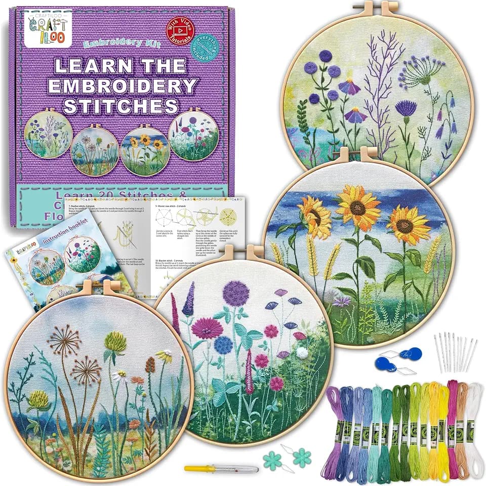 Embroidery Kit for Beginners Adults - 4 Floral Patterns, Learn 17 Stitches