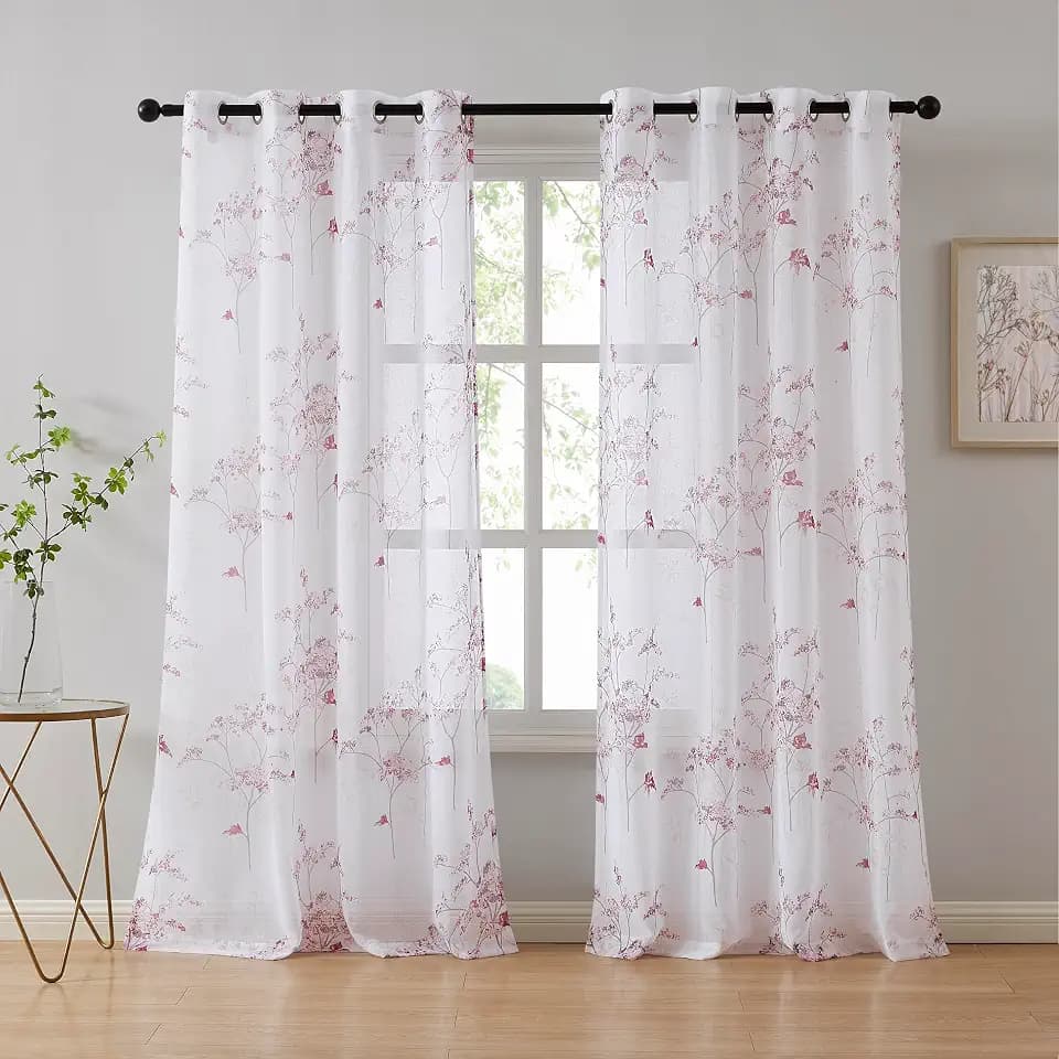 LinenZone 54 x 84 Sheer Curtains with Pink Leaves. (Katia 54 x 84, Pink)