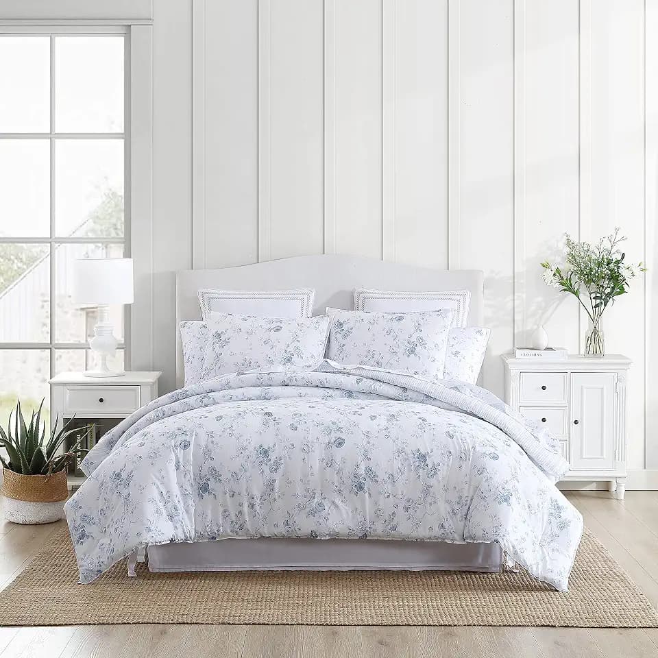 Laura Ashley - Twin Comforter Set with Shams, Cotton, Reversible