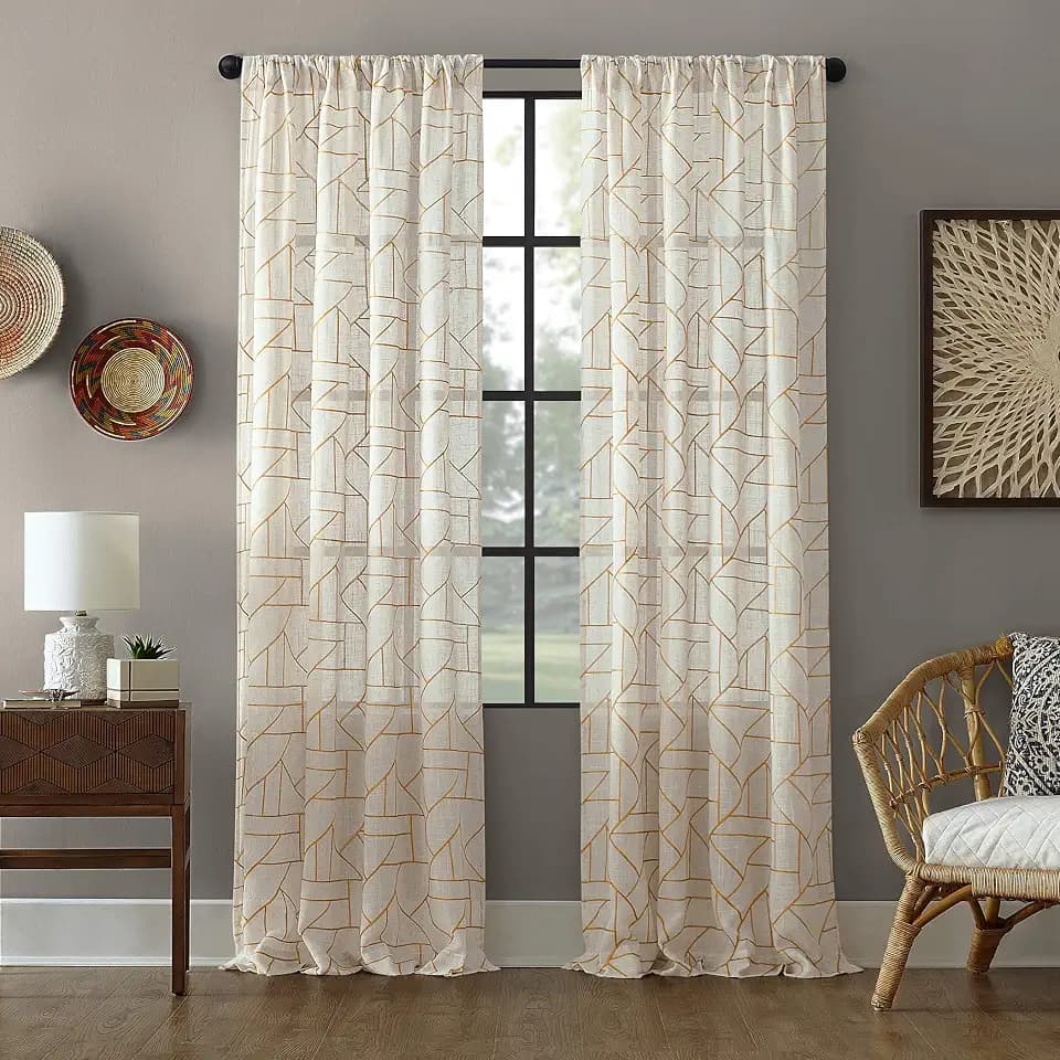 Archaeo - 54889 Fragmented Geometric Embroidery Mid-Century Modern Natural Blend Curtain, 50" x 84" Panel, Gold/Linen