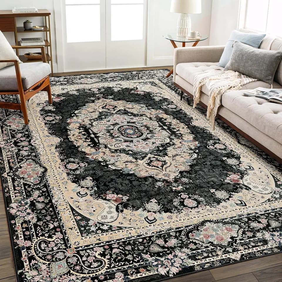 8x10 Area Rugs Washable,Black Rug for Living Room Bedroom Dining Room,Large Boho Vintage Bohemian Distressed Carpet Non Slip,Floral
