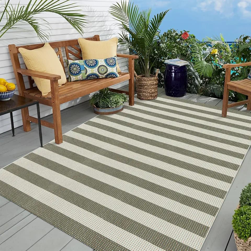 OJIA Outdoor Patio Rug 5'x7' Striped Washable Camping Rug Outdoor Carpet