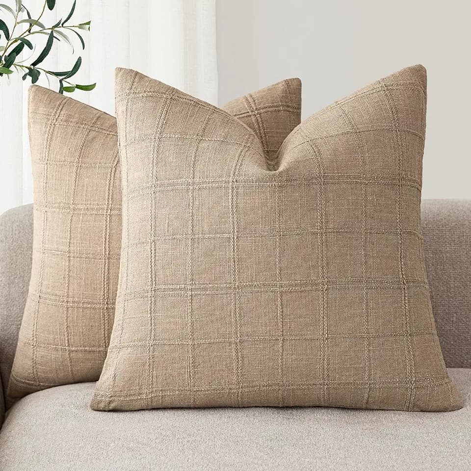 Foindtower Boho Linen Check Decorative Throw Pillow Covers 18×18 Inch,Camel