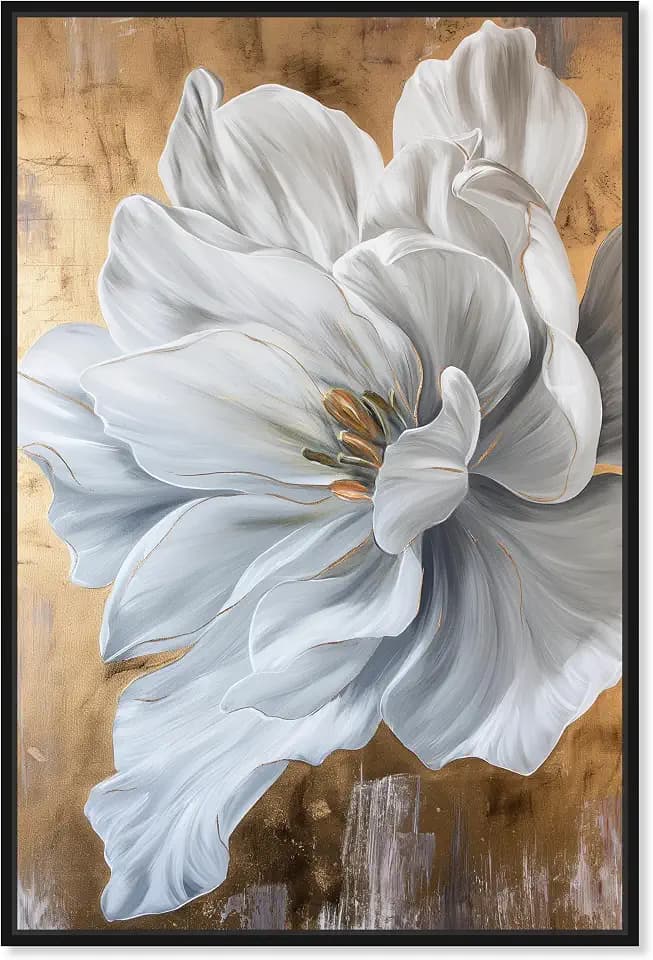 Art Remedy Bloom White Petals Framed Floral Fine 1 Piece Canvas Wall Art, 37" x 55", Black Frame