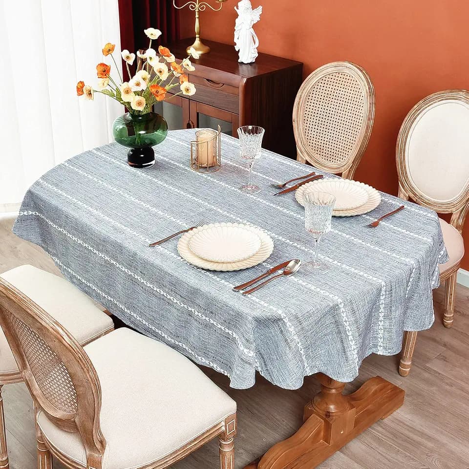 Rustic Oval Cotton Linen Tablecloths Embroidered Farmhouse Spring Table Cloths, Kitchen Dining Room Party Tablecloth Table Cover for Oval Tables, 60 x 120 Inches