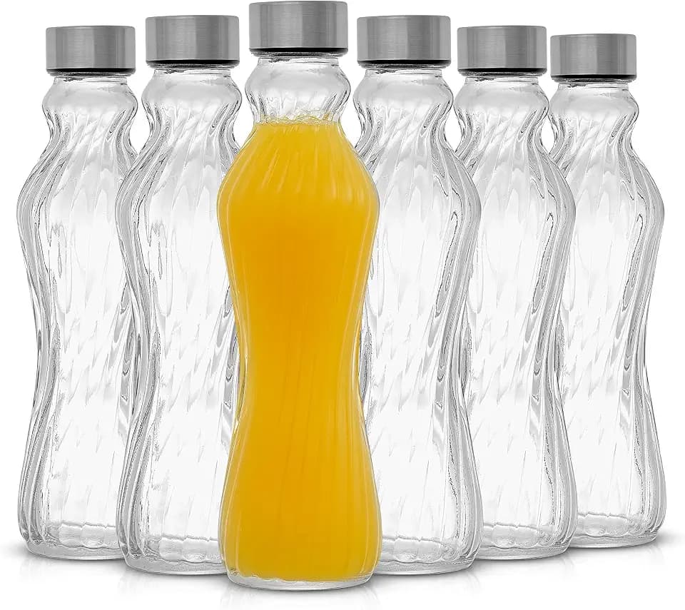 JoyJolt Fluted Glass Water Bottles Set of 6-18 oz Glass Bottles with Stainless Steel Leakproof Lids