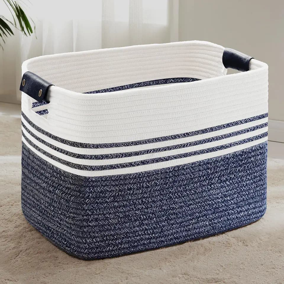 100L Woven Laundry Basket Hamper with Leather Handles,Denim Blue