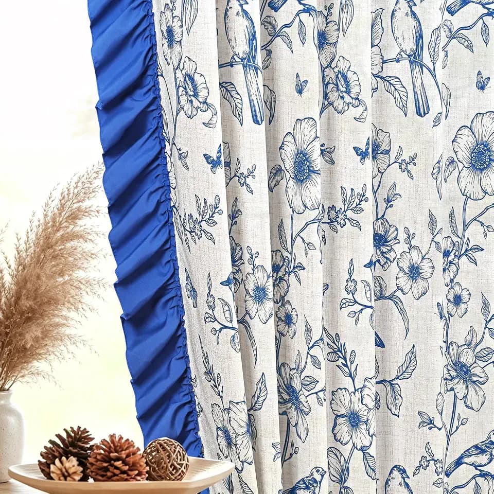 Yinhua Blue Floral Curtains for Living Room 84 Inch Length Farmhouse French Bedroom Curtains with Ruffle Tieback, Linen Light Filtering Window Curtain Rod Pocket Back Tab Drapes, 52"W x 84"L, 2 Panels
